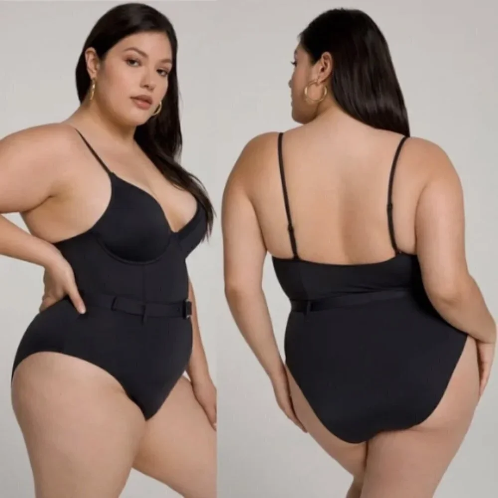 NEW Good American Showoff Belted One Piece Swimsuit in Solid Black Sz. 5X